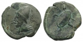 North-Eastern Italy, Ariminum, c. 268-225 BC. Æ Obol (20mm, 5.55g, 2h). Draped bust of Vulcan l., wearing wreathed pilos. R/ Warrior advancing l., hol...