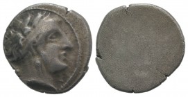 Etruria, Populonia, c. 300-250 BC. AR 10 Asses (18mm, 4.00g). Head of female r., hair in broad band, wearing triple-pendant earring; [X to l.]. R/ Bla...