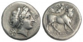 Southern Campania, Neapolis, c. 300-275 BC. AR Didrachm (20mm, 6.08g, 6h). Head of nymph r.; behind, Athena standing right, holding spear and shield. ...