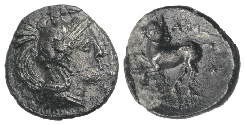 Northern Apulia, Arpi, c. 325-275 BC. AR Diobol (11mm, 0.92g, 9h). Head of Athen...