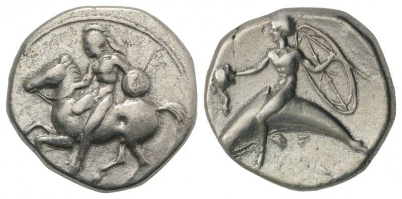 Southern Apulia, Tarentum, c. 400-390 BC. AR Nomos (21mm, 7.67g, 6h). Warrior, w...