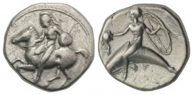 Southern Apulia, Tarentum, c. 400-390 BC. AR Nomos (21mm, 7.67g, 6h). Warrior, wearing helmet, holding shield and lance, dismounting from horse canter...