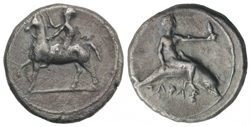Southern Apulia, Tarentum, c. 400-390 BC. AR Nomos (22mm, 7.67g, 12h). Nude yout...