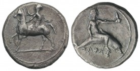 Southern Apulia, Tarentum, c. 400-390 BC. AR Nomos (22mm, 7.67g, 12h). Nude youth on horseback l., crowning horse. R/ Phalanthos, holding distaff, on ...