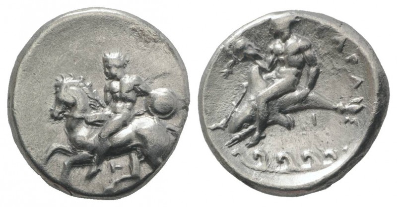Southern Apulia, Tarentum, c. 344-334 BC. AR Nomos (21.5mm, 7.63g, 3h). Naked ho...