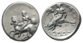 Southern Apulia, Tarentum, c. 344-334 BC. AR Nomos (21.5mm, 7.63g, 3h). Naked horseman dismounting l., holding small round shield and lance; T below. ...