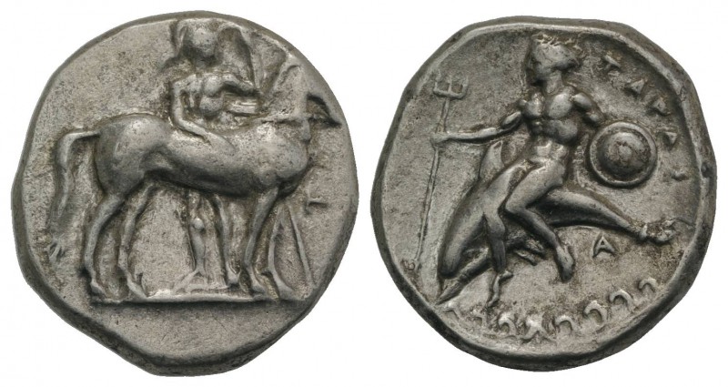 Southern Apulia, Tarentum, c. 344-340 BC. AR Nomos (22mm, 7.78g, 5h). Warrior, w...