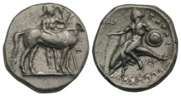 Southern Apulia, Tarentum, c. 344-340 BC. AR Nomos (22mm, 7.78g, 5h). Warrior, wearing helmet and holding spear and shield, standing facing, head r., ...