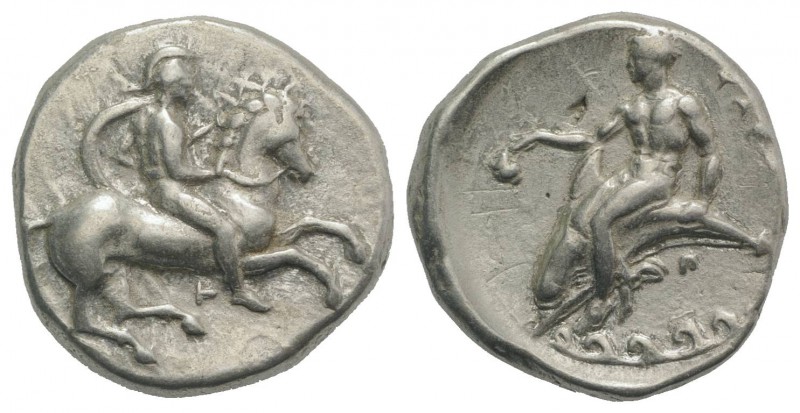 Southern Apulia, Tarentum, c. 344-340 BC. AR Nomos (21mm, 7.77g, 3h). Warrior, w...
