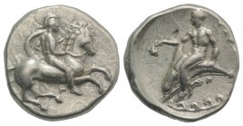 Southern Apulia, Tarentum, c. 344-340 BC. AR Nomos (21mm, 7.77g, 3h). Warrior, wearing helmet and holding shield, on horseback r.; |- below. R/ Phalan...