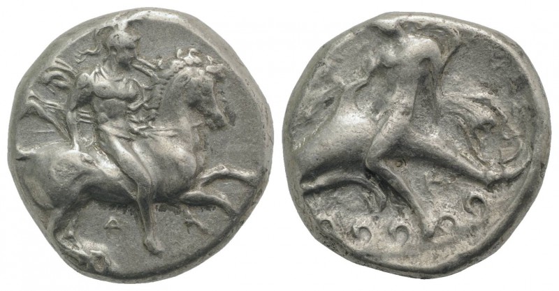 Southern Apulia, Tarentum, c. 335-333 BC. AR Nomos (20mm, 7.79g, 3h). Warrior, w...