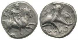 Southern Apulia, Tarentum, c. 335-333 BC. AR Nomos (20mm, 7.79g, 3h). Warrior, wearing helmet and holding shield, on horseback r.; Δ below. R/ Phalant...