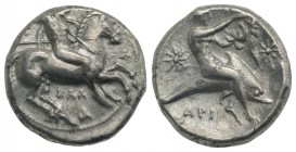 Southern Apulia, Tarentum, c. 333-331/0 BC. AR Nomos (20mm, 7.75g, 9h). Warror, preparing to throw spear and holding shield and two more spears, on ho...