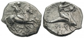Southern Apulia, Tarentum, c. 333-331/0 BC. AR Nomos (22mm, 7.65g, 12h). Warror, preparing to throw spear and holding shield and two more spears, on h...