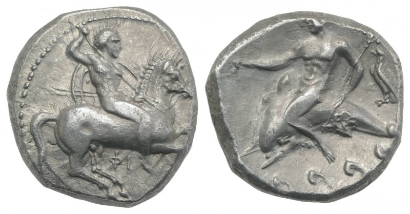 Southern Apulia, Tarentum, c. 290-281 BC. AR Nomos (19.5mm, 7.95g, 9h). Nude you...