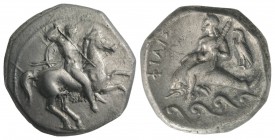 Southern Apulia, Tarentum, c. 290-281 BC. AR Nomos (20mm, 7.79g, 9h). Warrior, holding shield and two spears, preparing to cast a third, on horseback ...