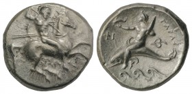 Southern Apulia, Tarentum, c. 290-281 BC. AR Nomos (21mm, 7.79g, 7h). Warrior, holding shield and two spears, preparing to cast a third, on horseback ...