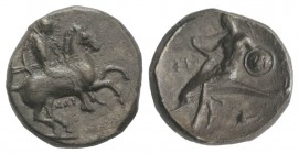 Southern Apulia, Tarentum, c. 302-290 BC. AR Nomos (20.5mm, 8.00g, 7h). Warrior, holding shield and two spears, preparing to cast a third, on horsebac...