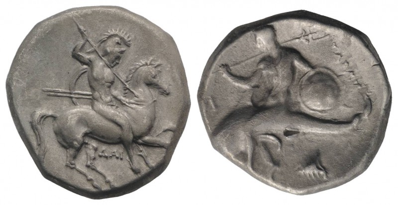 Southern Apulia, Tarentum, c. 302-290 BC. AR Nomos (20mm, 7.79g, 9h). Warrior, h...