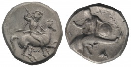 Southern Apulia, Tarentum, c. 302-290 BC. AR Nomos (20mm, 7.79g, 9h). Warrior, holding shield and two spears, preparing to cast a third, on horseback ...