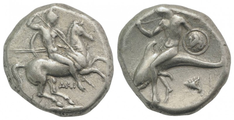 Southern Apulia, Tarentum, c. 302-290 BC. AR Nomos (20mm, 7.90g, 9h). Warrior, h...