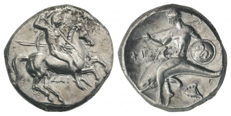 Southern Apulia, Tarentum, c. 302-290 BC. AR Nomos (21mm, 7.72g, 6h). Warrior, h...