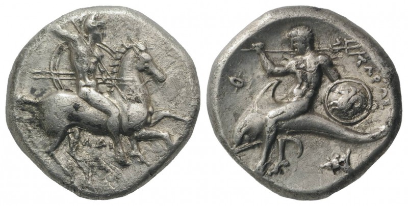 Southern Apulia, Tarentum, c. 302-290 BC. AR Nomos (20mm, 5.80g, 12h). Warrior, ...