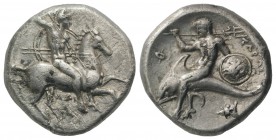 Southern Apulia, Tarentum, c. 302-290 BC. AR Nomos (20mm, 5.80g, 12h). Warrior, holding shield and two spears, preparing to cast a third, on horseback...