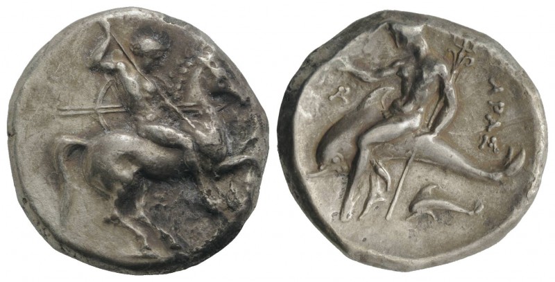 Southern Apulia, Tarentum, c. 315-302 BC. AR Nomos (21mm, 7.57g, 9h). Warrior, h...