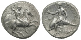 Southern Apulia, Tarentum, c. 315-302 BC. AR Nomos (21mm, 7.44g, 5h). Horseman riding r., holding two spears and shield, preparing to cast third spear...