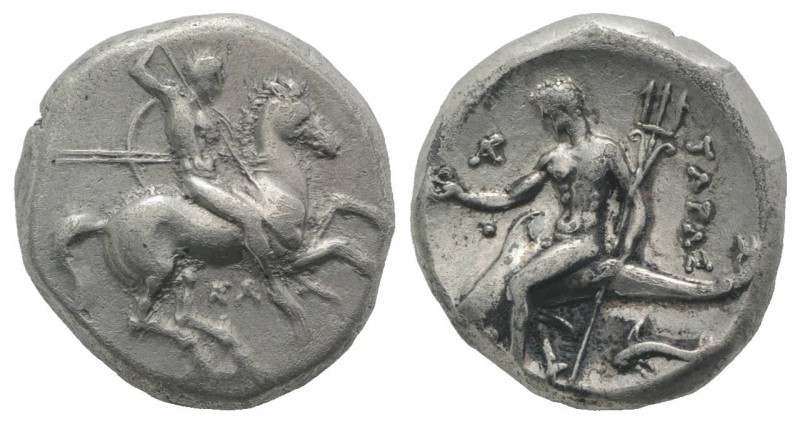 Southern Apulia, Tarentum, c. 315-302 BC. AR Nomos (19mm, 7.76g, 1h). Warrior, h...