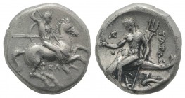 Southern Apulia, Tarentum, c. 315-302 BC. AR Nomos (19mm, 7.76g, 1h). Warrior, holding shield and two spears, preparing to cast a third, on horseback ...