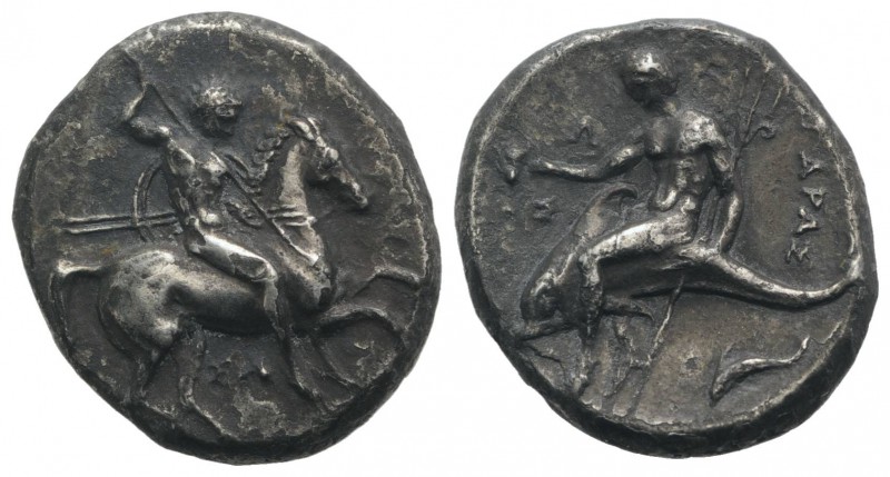 Southern Apulia, Tarentum, c. 315-302 BC. AR Nomos (21mm, 7.48g, 1h). Warrior, h...