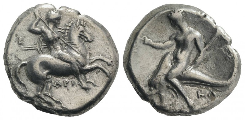 Southern Apulia, Tarentum, c. 330-302 BC. AR Nomos (22mm, 7.64g, 9h). Warrior on...