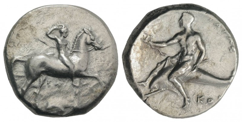 Southern Apulia, Tarentum, c. 302 BC. AR Nomos (21mm, 7.87g, 7h). Youth on horse...