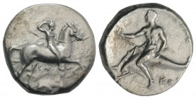 Southern Apulia, Tarentum, c. 302 BC. AR Nomos (21mm, 7.87g, 7h). Youth on horseback r.; crowning self; ΣA and Ionic capital below. R/ Phalanthos, hol...