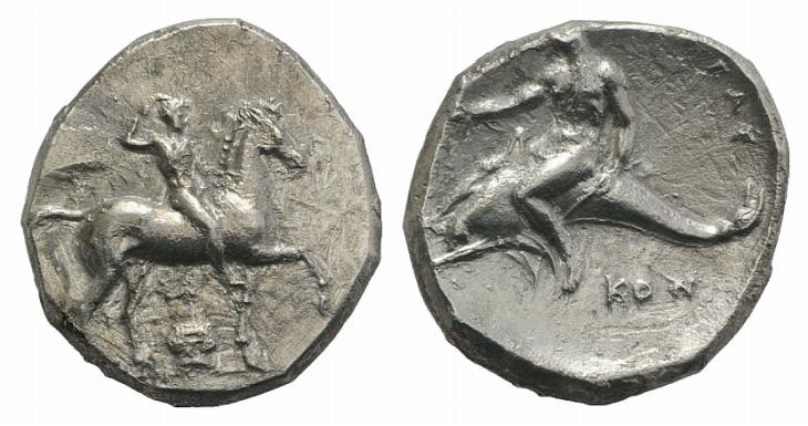 Southern Apulia, Tarentum, c. 302 BC. AR Nomos (22mm, 7.86g, 10h). Nude youth, c...