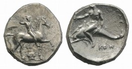 Southern Apulia, Tarentum, c. 302 BC. AR Nomos (22mm, 7.86g, 10h). Nude youth, crowning himself, on horseback r.; below, ΣA above Ionic capital. R/ Ph...