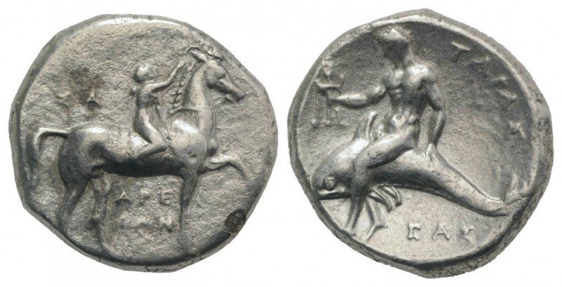 Southern Apulia, Tarentum, c. 302-280 BC. AR Nomos (21mm, 7.57g, 3h). Youth on h...