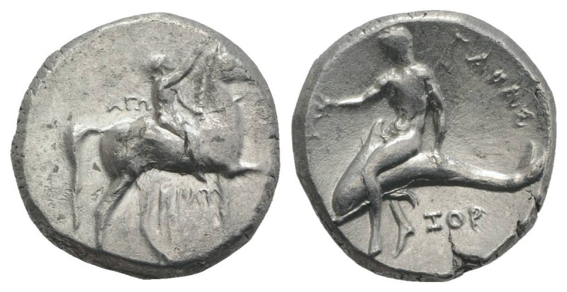 Southern Apulia, Tarentum, c. 302-280 BC. AR Nomos (21mm, 7.72g, 9h). Youth on h...
