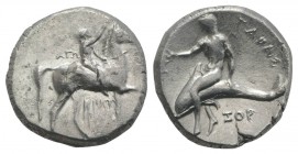 Southern Apulia, Tarentum, c. 302-280 BC. AR Nomos (21mm, 7.72g, 9h). Youth on horseback r., crowning horse; AΓΩ to l., KPAT/INOΣ below. R/ Phalanthos...