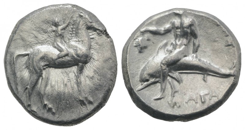 Southern Apulia, Tarentum, c. 302-280 BC. AR Nomos (21mm, 7.84g, 3h). Youth on h...