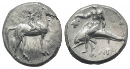 Southern Apulia, Tarentum, c. 302-280 BC. AR Nomos (21mm, 7.84g, 3h). Youth on horseback r., crowning horse with wreath; ΣA to l., ΦIΛI/APXOΣ in two l...