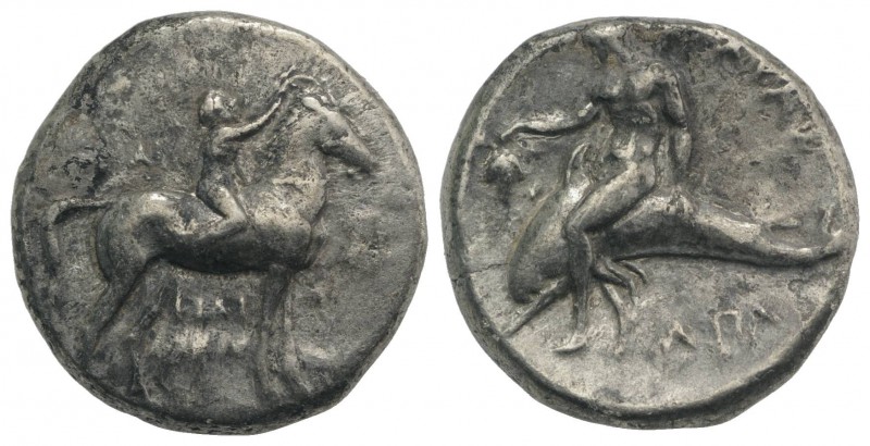 Southern Apulia, Tarentum, c. 302-280 BC. AR Nomos (21mm, 7.52g, 1h). Youth on h...