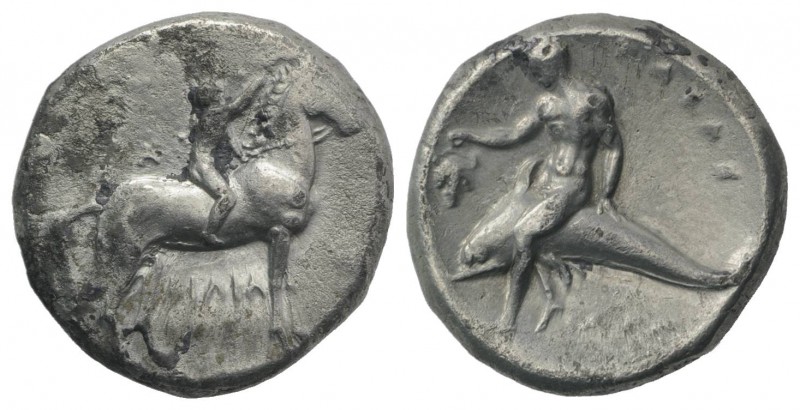 Southern Apulia, Tarentum, c. 302-280 BC. AR Nomos (21mm, 7.71g, 9h). Youth on h...