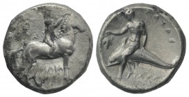 Southern Apulia, Tarentum, c. 302-280 BC. AR Nomos (21mm, 7.71g, 9h). Youth on horseback r., crowning horse with wreath; ΣA to l., ΦIΛI/APXOΣ in two l...