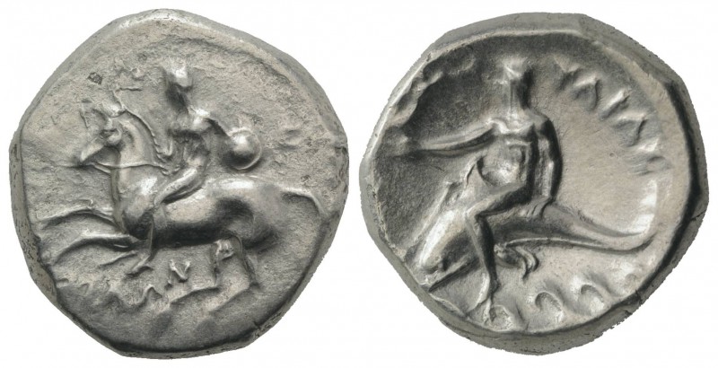 Southern Apulia, Tarentum, c. 302-280 BC. AR Nomos (21mm, 7.74g, 3h). Nude youth...