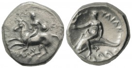 Southern Apulia, Tarentum, c. 302-280 BC. AR Nomos (21mm, 7.74g, 3h). Nude youth on horseback l., holding shield; EY behind, ΦIΛΩN below. R/ Phalantho...