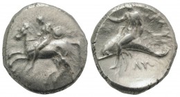 Southern Apulia, Tarentum, c. 302-280 BC. AR Nomos (22mm, 7.85g, 6h). Nude youth, holding shield and rein, on horseback l., [ΦIΛOKΛHΣ below]. R/ Phala...