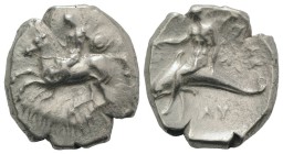 Southern Apulia, Tarentum, c. 302-280 BC. AR Nomos (22mm, 7.75g, 6h). Nude youth, holding shield and rein, on horseback l., [ΦIΛOKΛHΣ below]. R/ Phala...